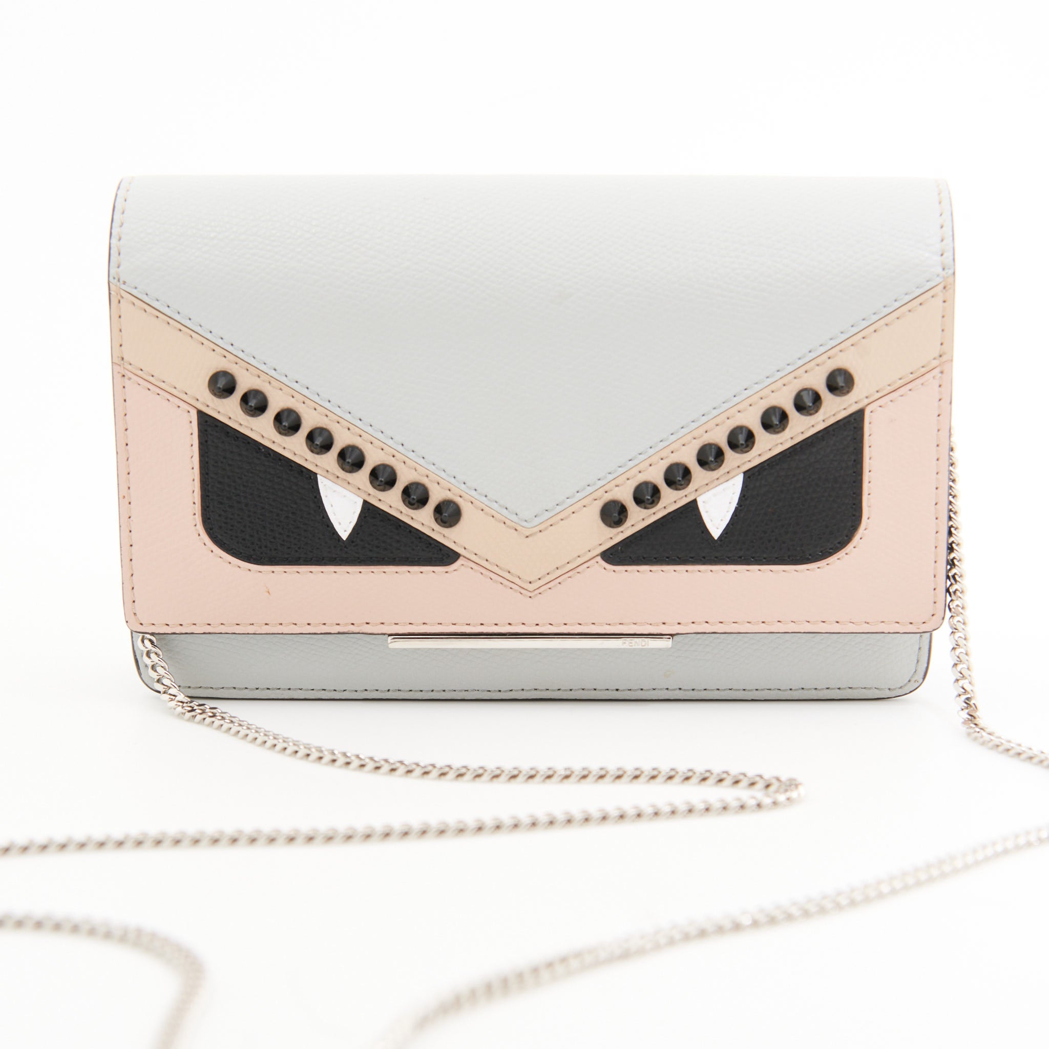 Fendi Leather Monster Wallet on Chain in Grey and Pink SHW