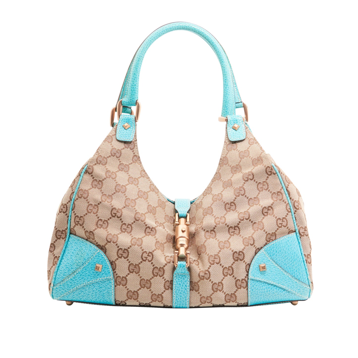 Gucci Canvas Bamboo Jackie in Beige Canvas and Blue Leather GHW
