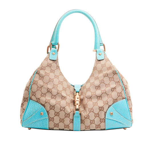 Gucci Canvas Bamboo Jackie in Beige Canvas and Blue Leather GHW
