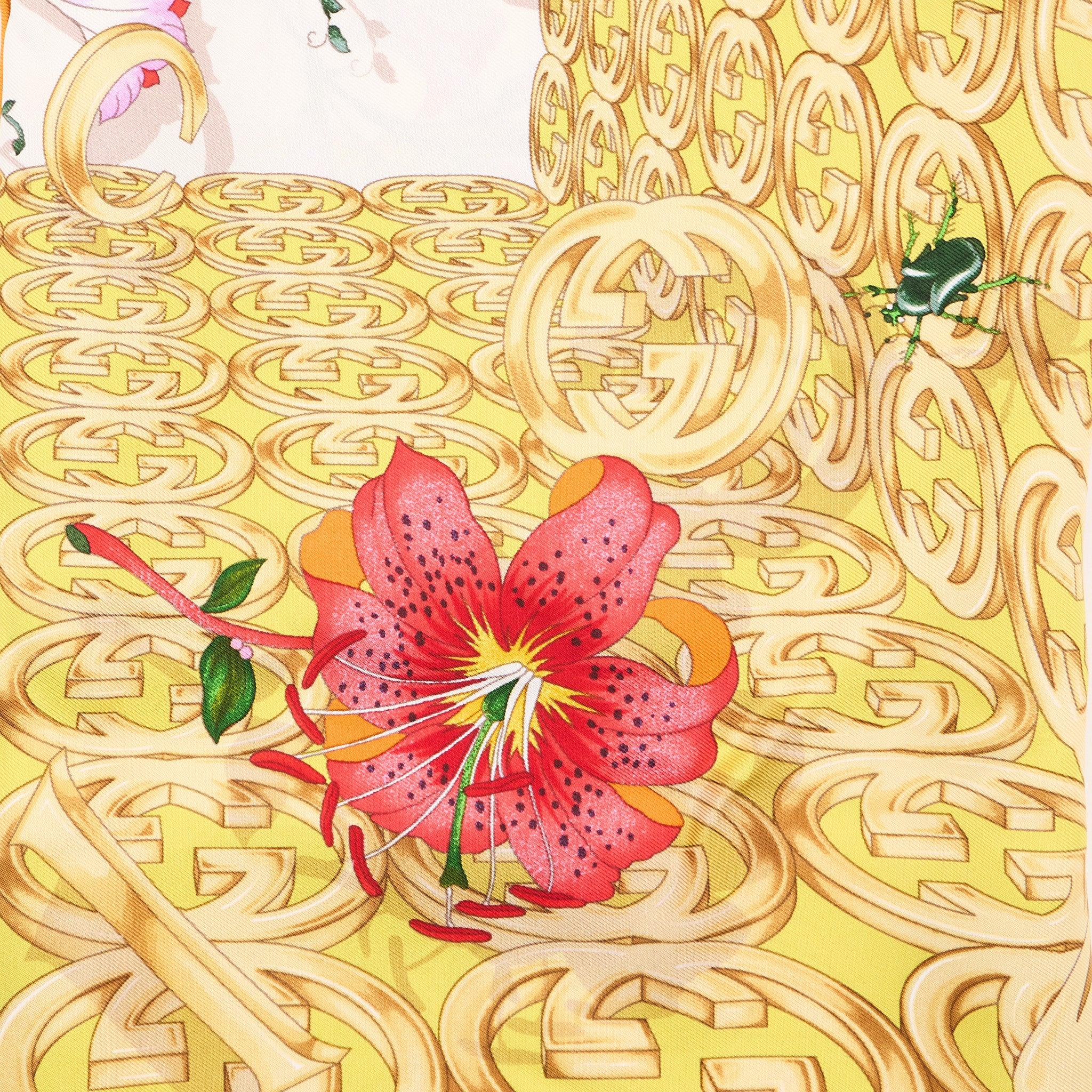 Gucci Floral & GG Motif Silk Scarf Yellow