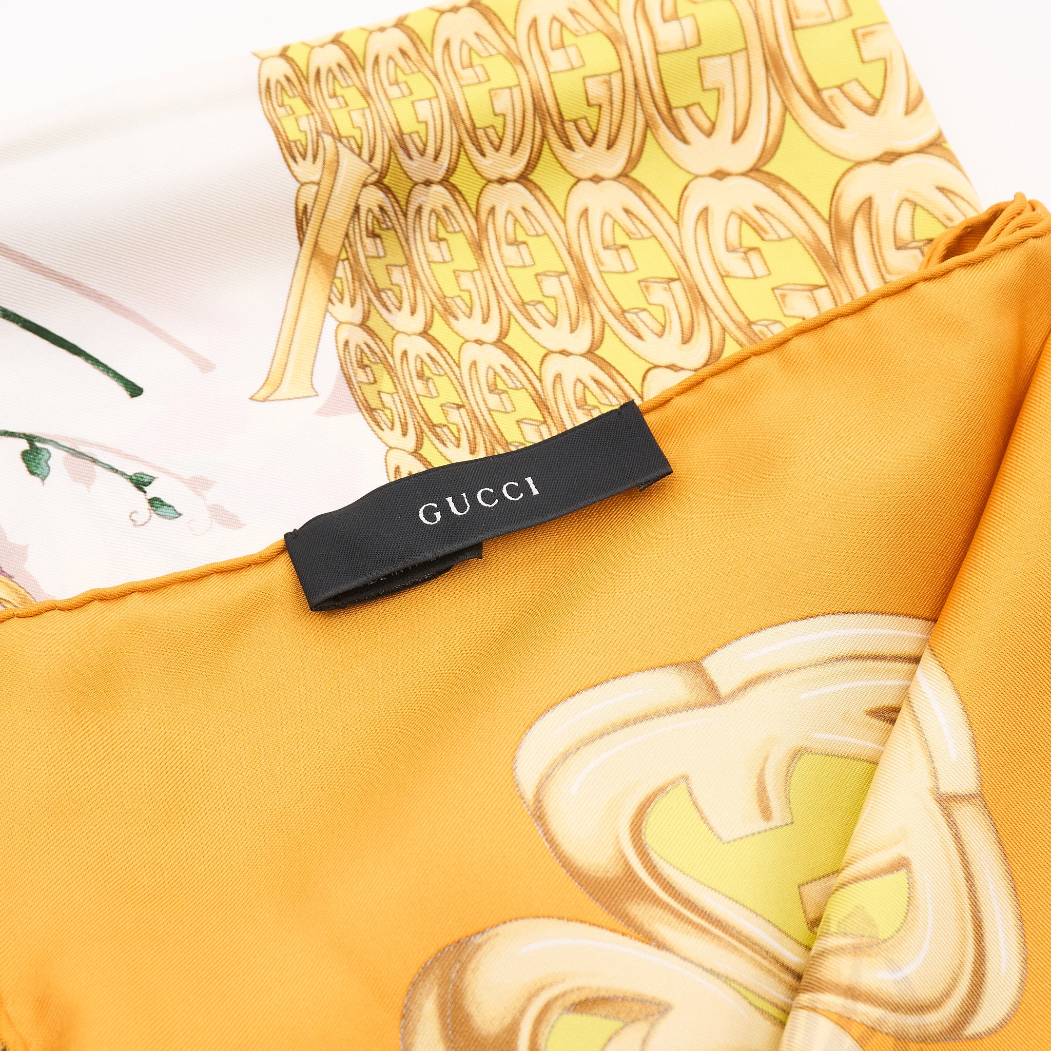 Gucci Floral & GG Motif Silk Scarf Yellow