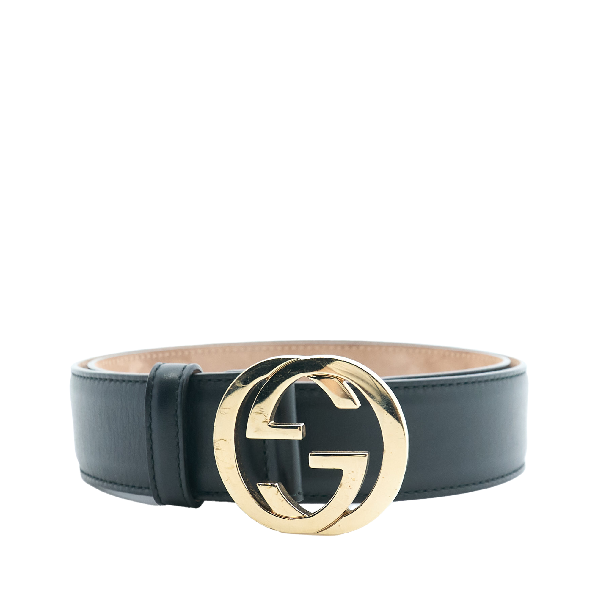 Gucci GG Light Gold & Black Leather Belt Size 80