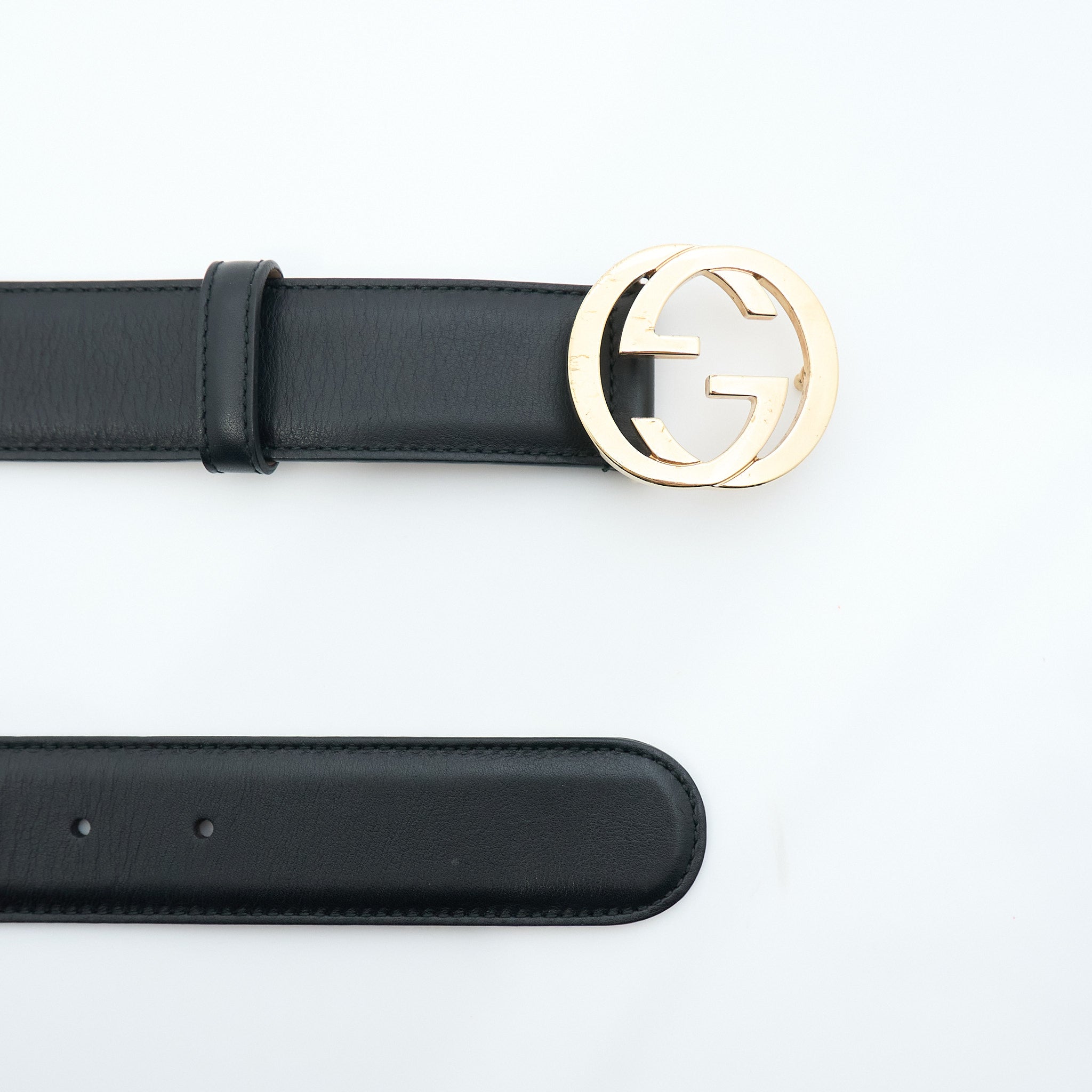 Gucci GG Light Gold & Black Leather Belt Size 80