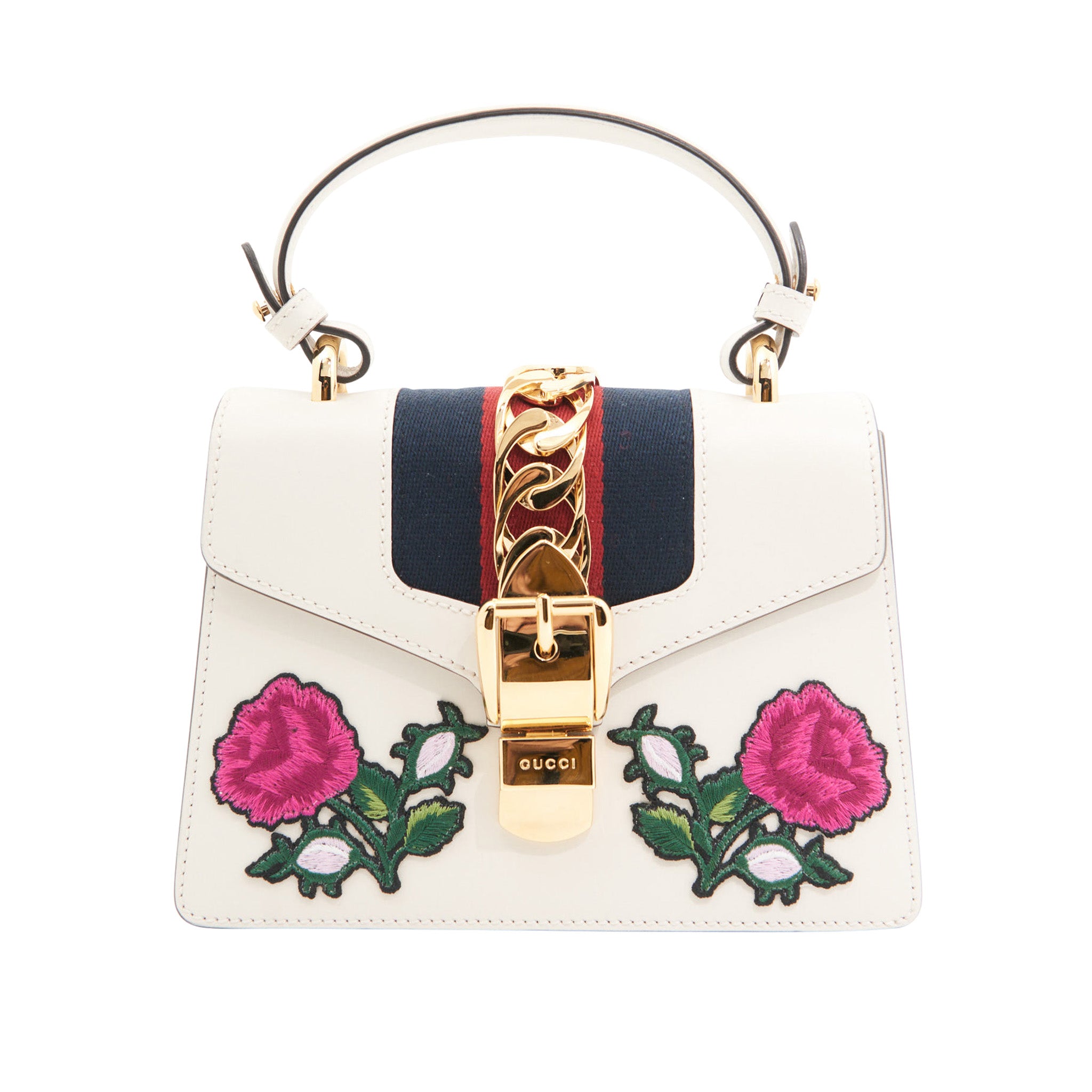 Gucci Leather Sylvie Small Floral Embroidered Handbag in White GHW