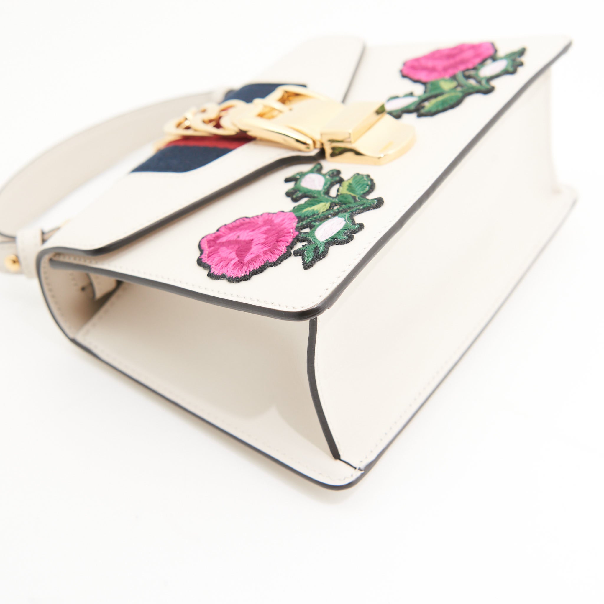 Gucci Leather Sylvie Small Floral Embroidered Handbag in White GHW