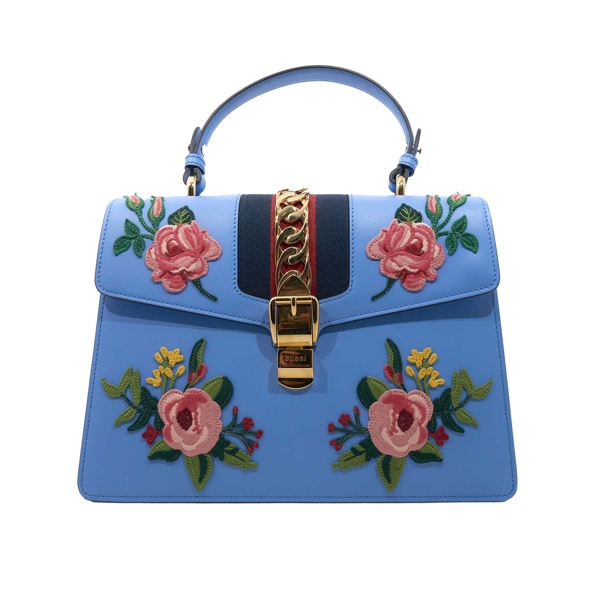 Gucci Sylvie Medium Blue Floral Embroidered Leather Bag