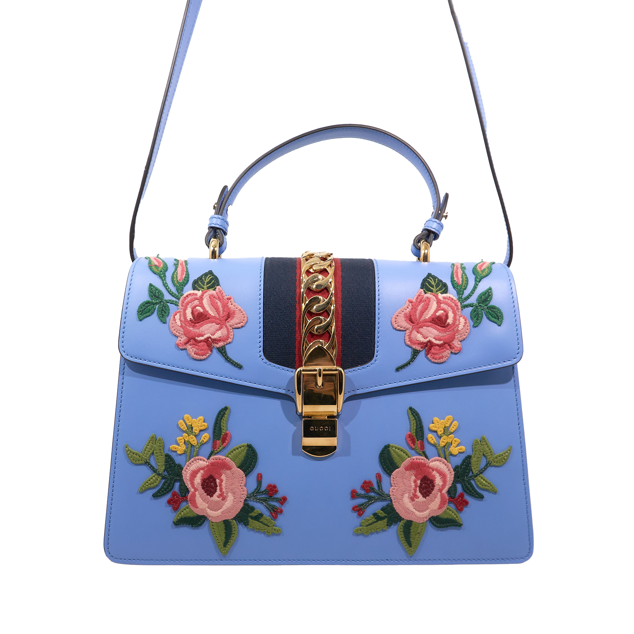 Gucci Sylvie Medium Blue Floral Embroidered Leather Bag