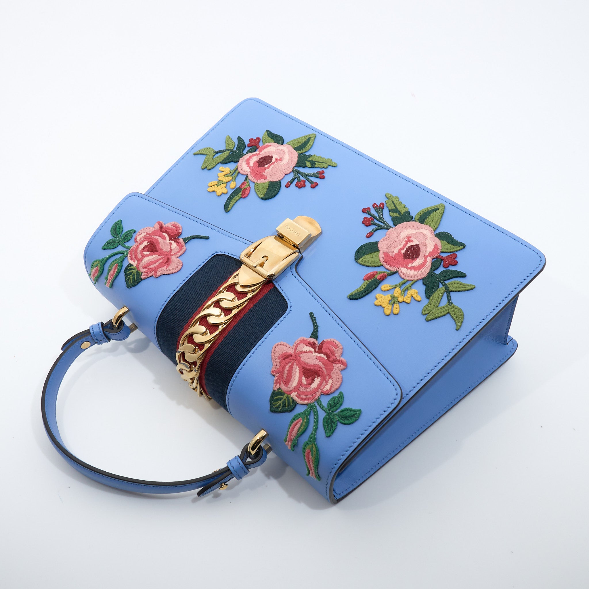 Gucci Sylvie Medium Blue Floral Embroidered Leather Bag