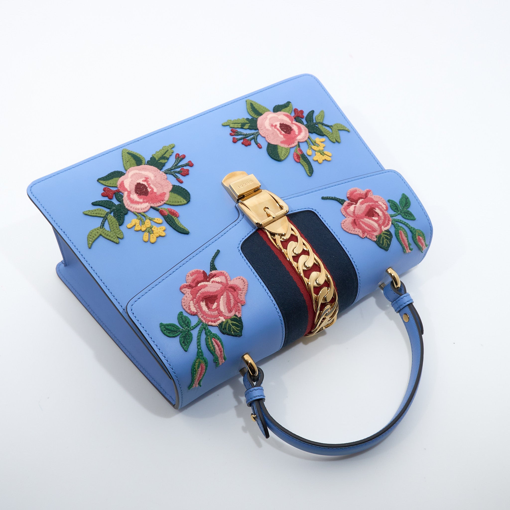 Gucci Sylvie Medium Blue Floral Embroidered Leather Bag