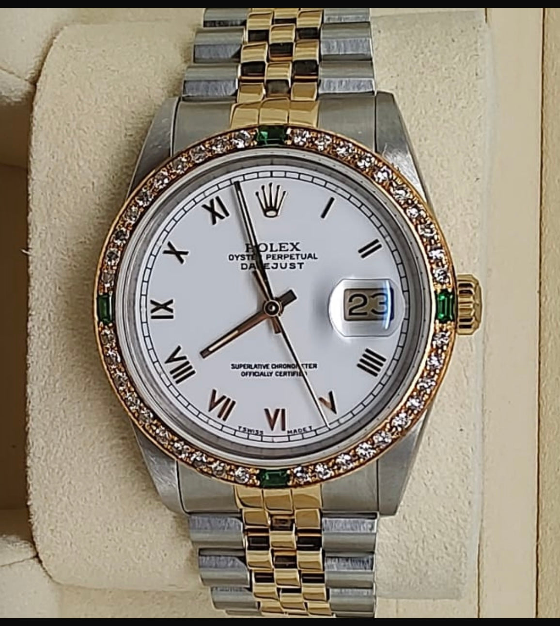 Rolex Datejust 36mm Two Tone Diamond and Emerald Bezel 16233