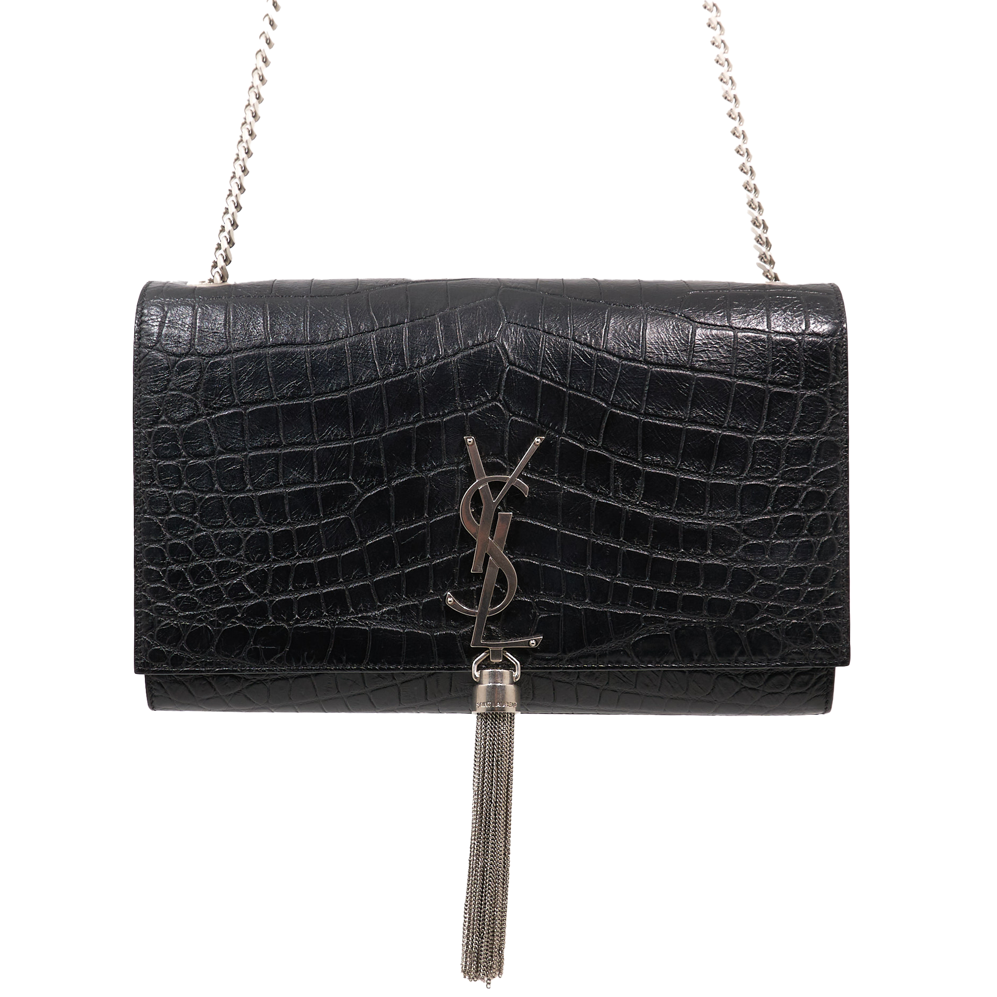 Saint Laurent Kate Tassel Bag in Black Croc-Embossed Leather