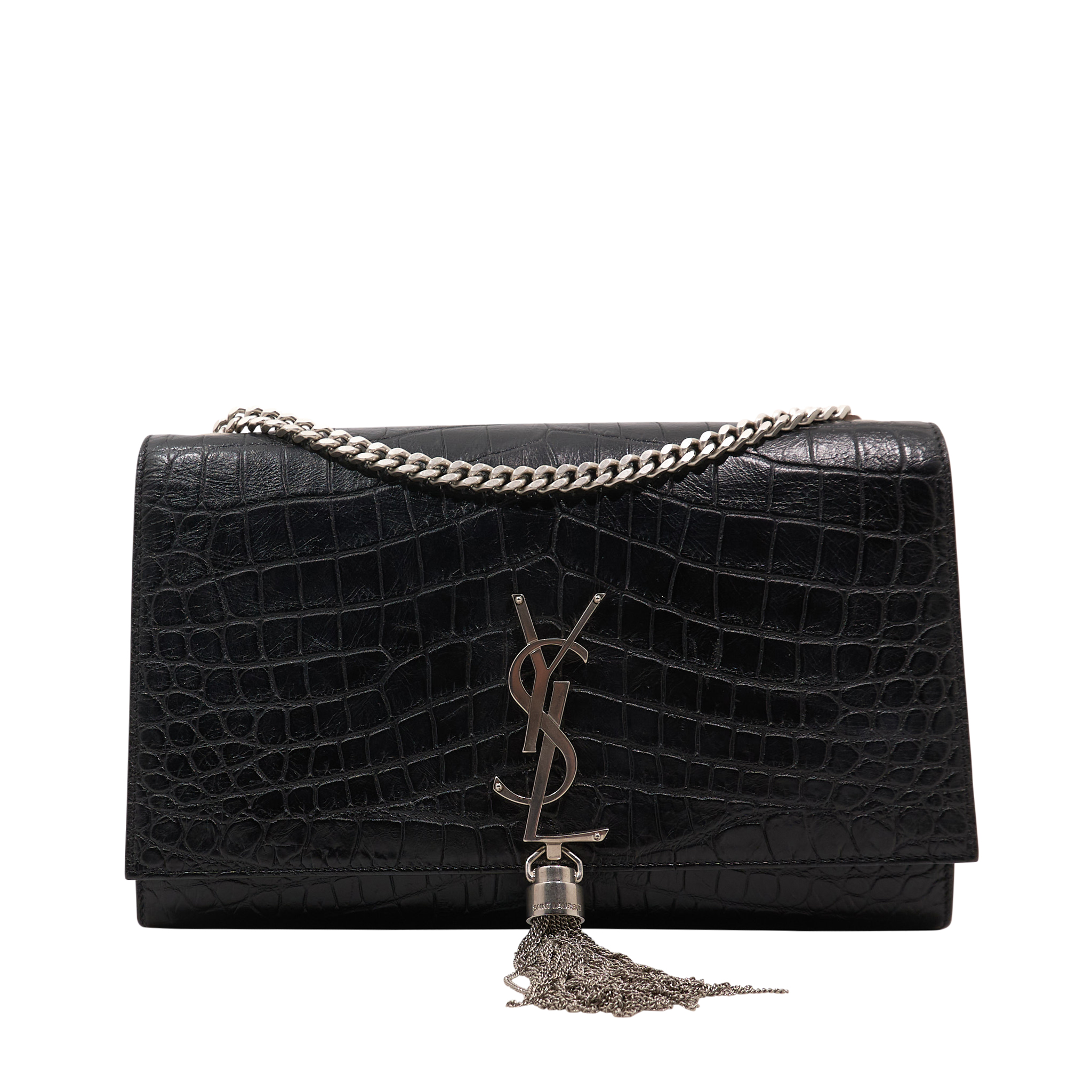 Saint Laurent Kate Tassel Bag in Black Croc-Embossed Leather