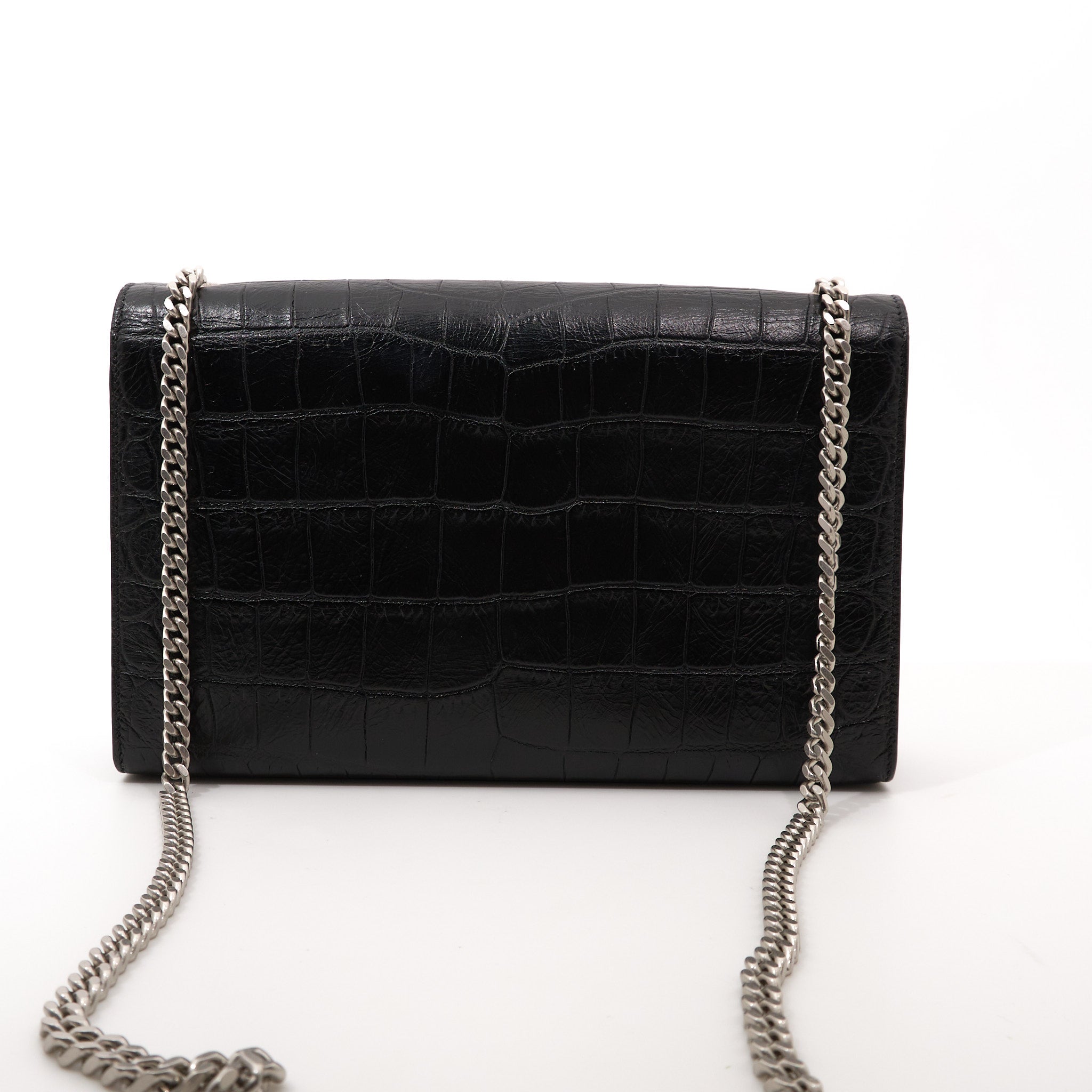 Saint Laurent Kate Tassel Bag in Black Croc-Embossed Leather