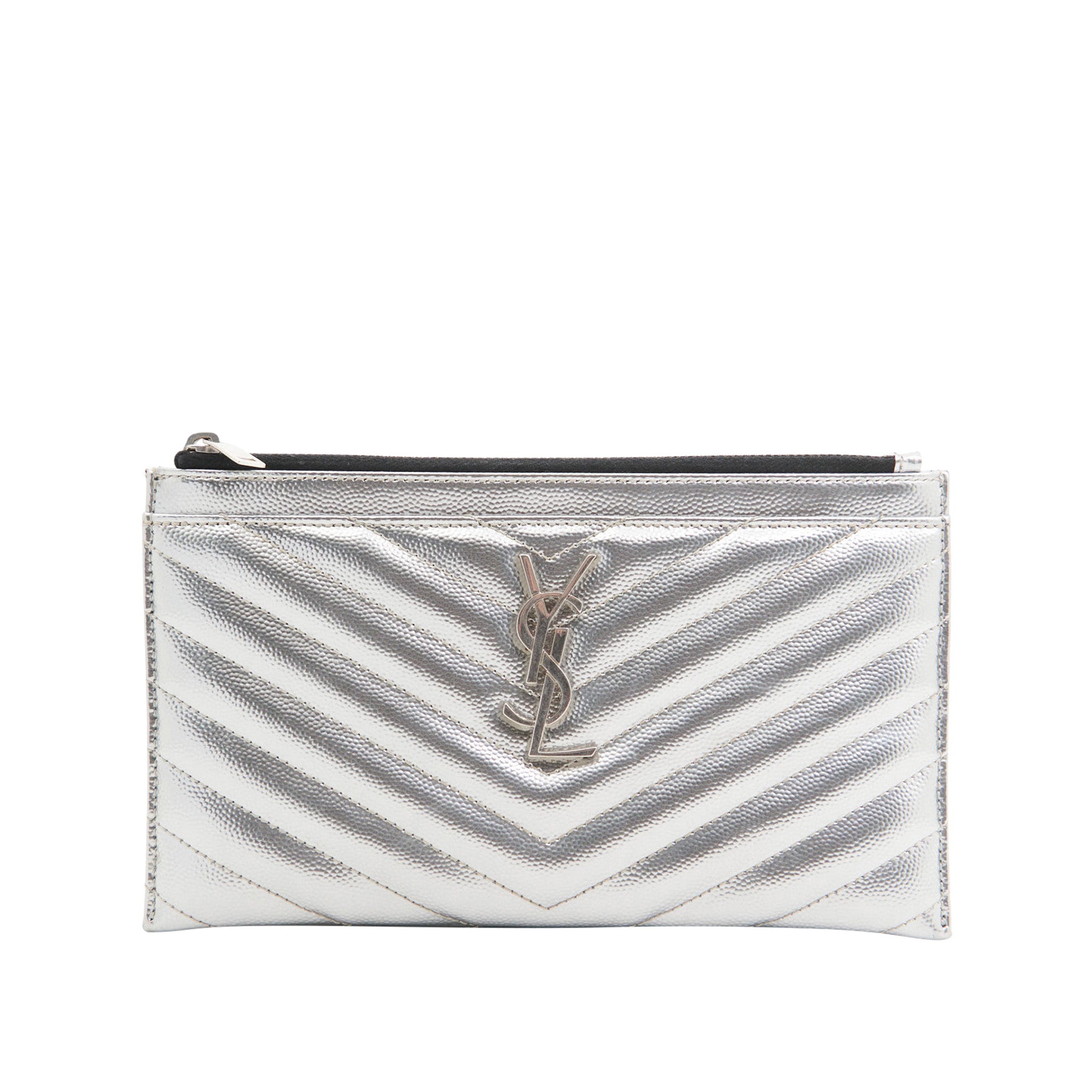 Saint Laurent Leather Cassandre Pouch in Silver