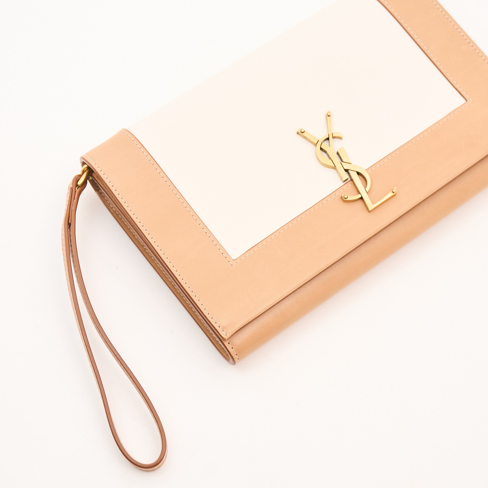 Saint Laurent Leather Clutch Beige Ivory