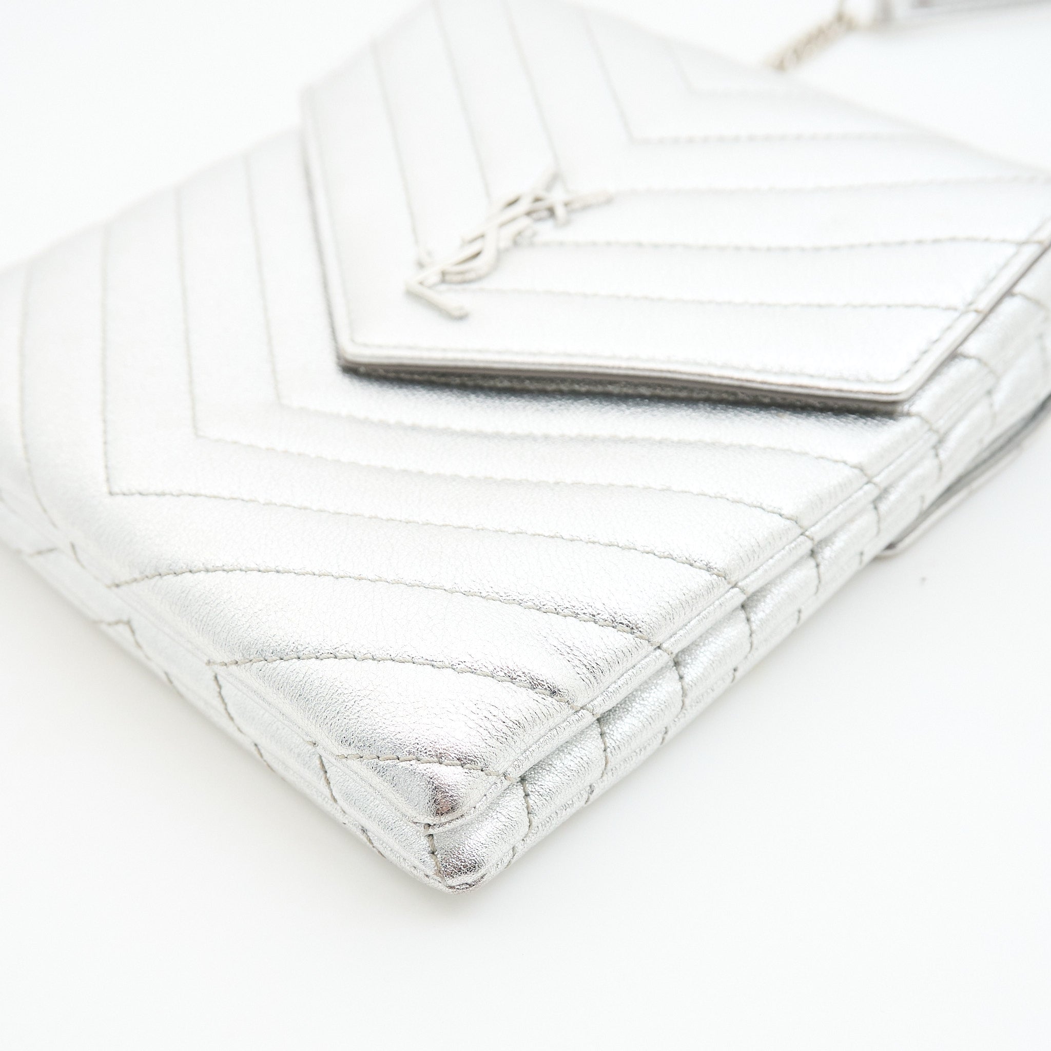 Saint Laurent Metallic Quilted Double Flap Bag Silver