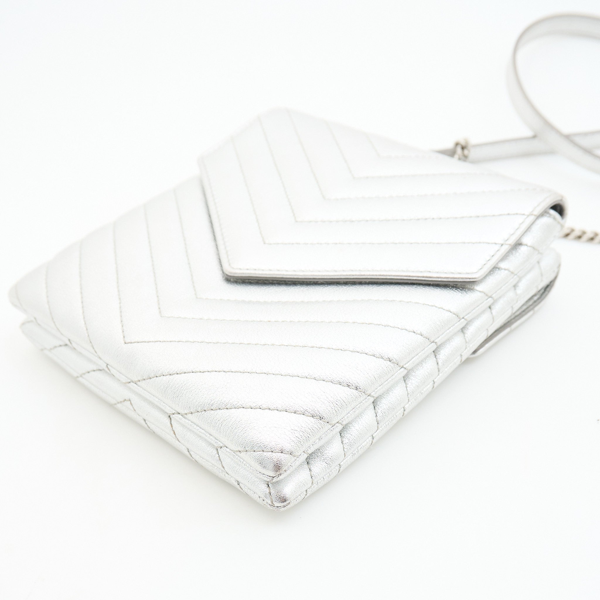 Saint Laurent Metallic Quilted Double Flap Bag Silver