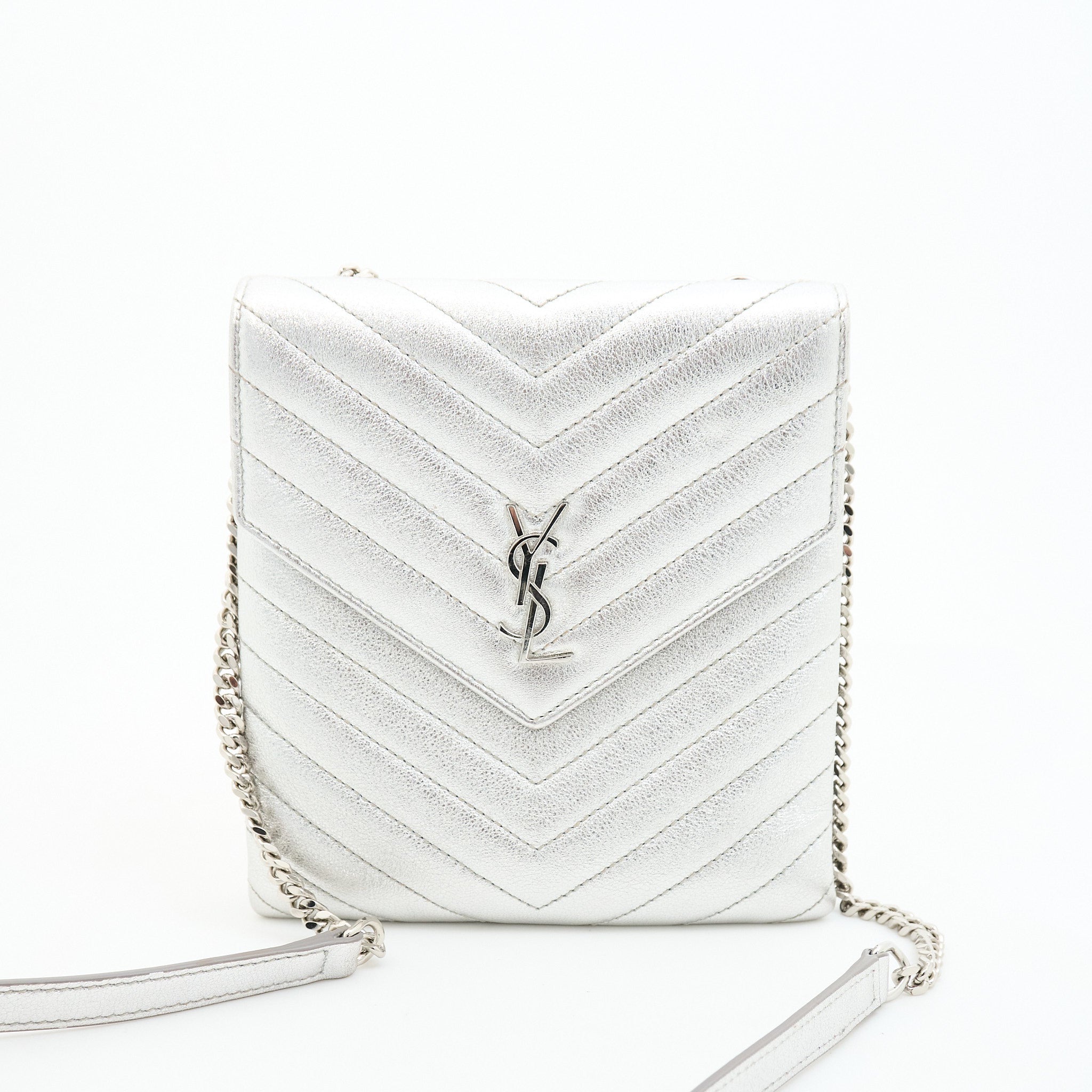 Saint Laurent Metallic Quilted Double Flap Bag Silver