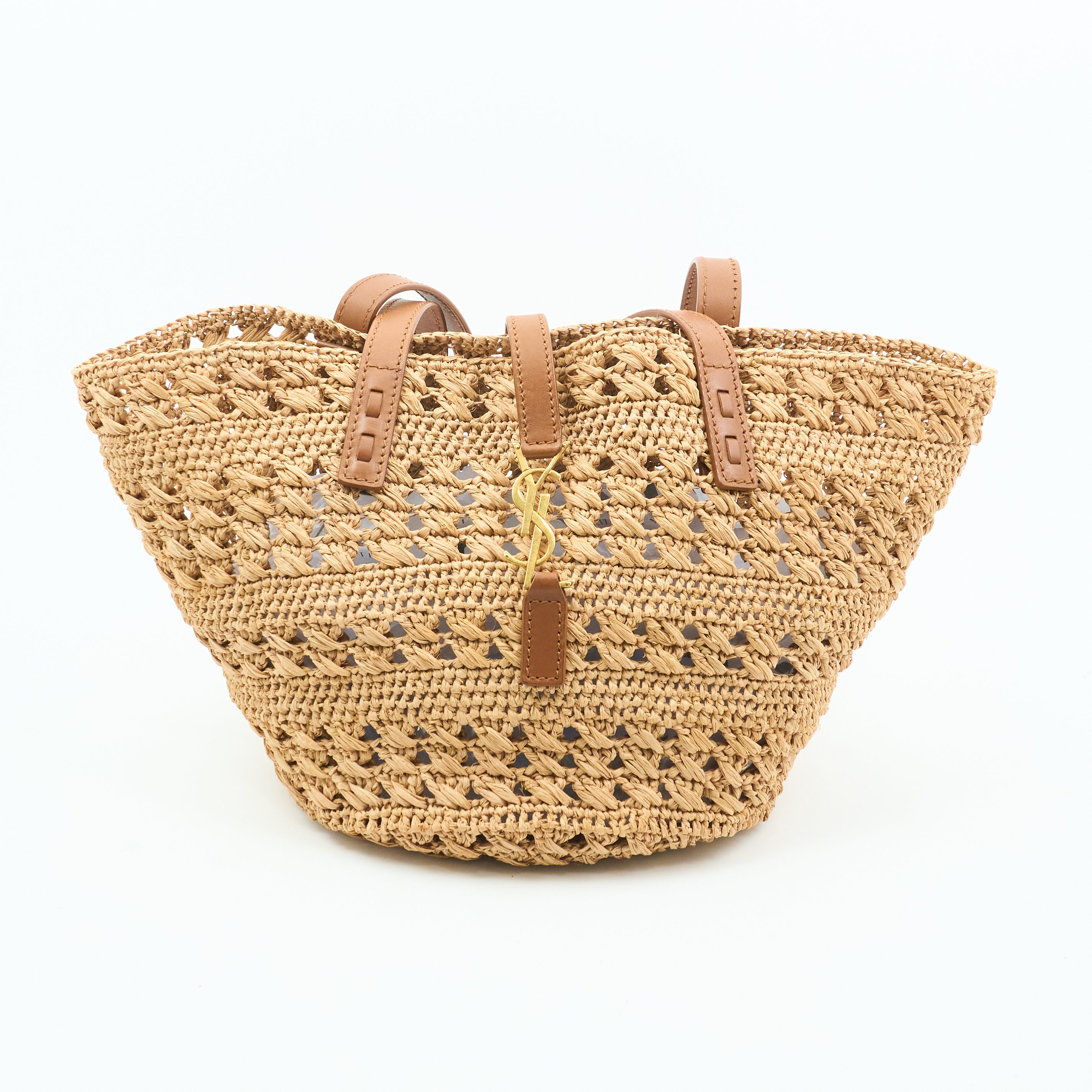 Saint Laurent Panier Leather Trim Raffia Tote