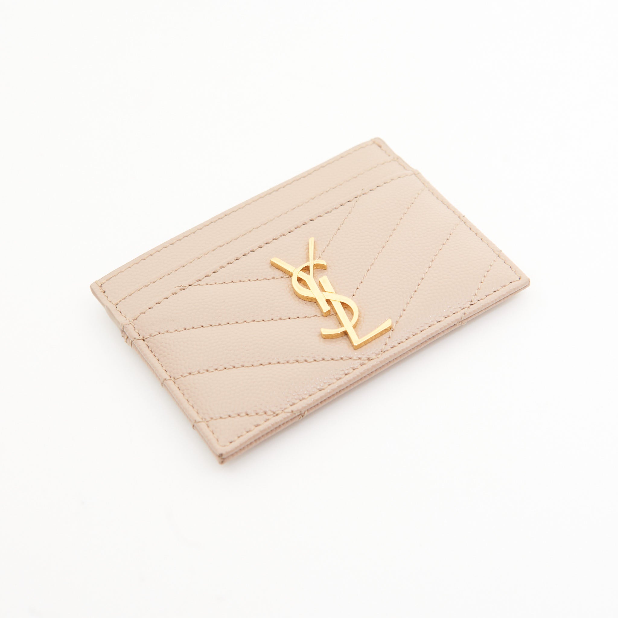 Saint Laurent Leather Card Wallet in Beige GHW